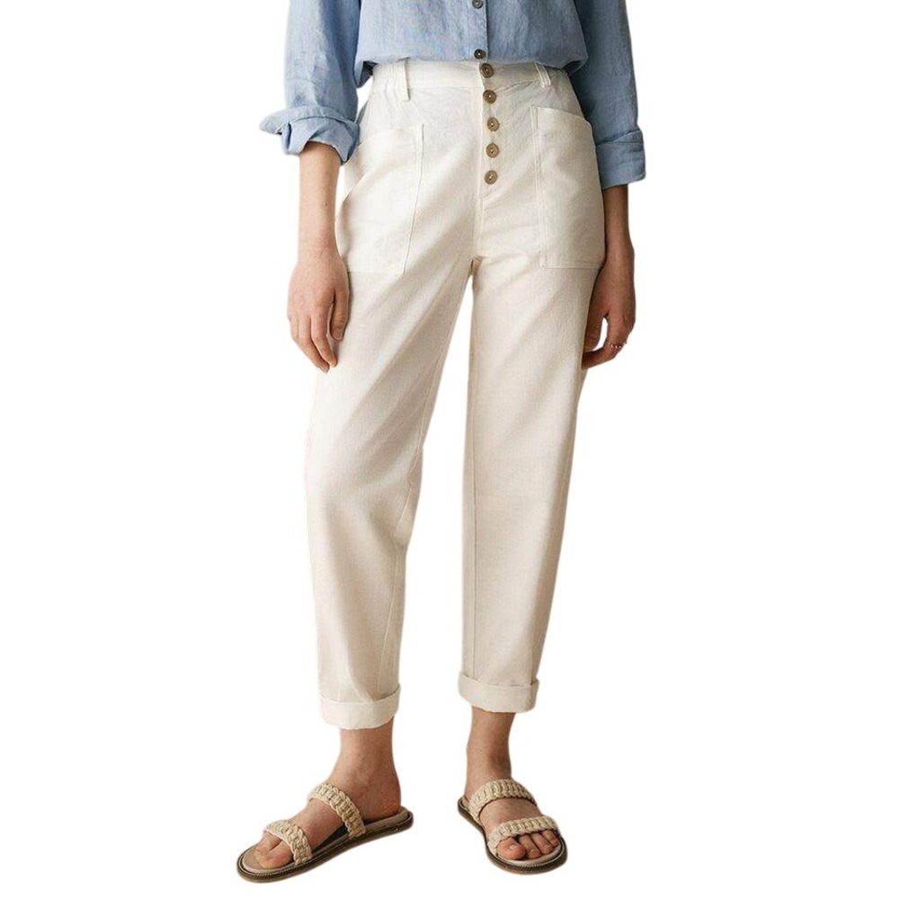LINTICO White Simple Button Fly Trousers HEIDI Linen Cotton M Beach Lagenlook